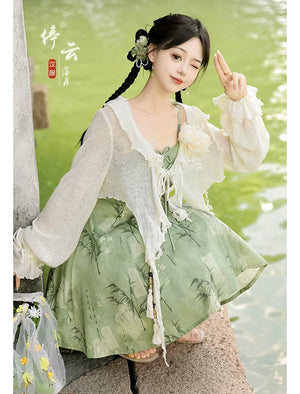 【Whisper of Bamboo】 Sweet Hanfu-Inspired Dress – Modern Chinese Style with Camisole Design - Yandan_Hanfu