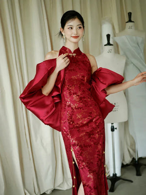 "Jubilee Bell" Red Cheongsam Shawl Bridal Toast Engagement Dress - Yandan_Hanfu