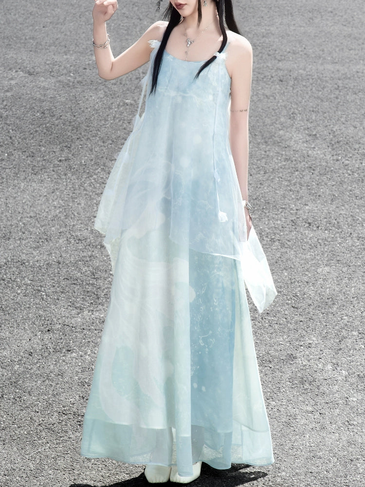Long and airy blue suspender dress from The legend of the blue sea collection, perfect for versatile and thin summer holiday wear.