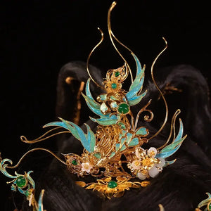 Song of the Peacock Plume – Gold-Plated Hanfu Headdress Set with Tassels & Crown Ornament - Yandan_Hanfu