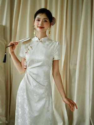 "Kite Butterfly" White Jacquard Cheongsam Bridal Toast Dress Engagement Dress - Yandan_Hanfu