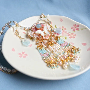 Butterfly Shell & Aquamarine Pearl Necklace – Hanfu Yingluo Accessory with Original Design - Yandan_Hanfu