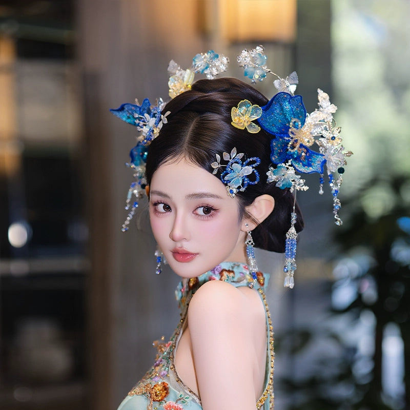 Blue Floral Chinese Bridal Hairpin Set – Elegant Hanfu & Qipao Headpiece for Wedding