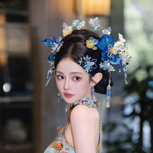 Blue Floral Chinese Bridal Hairpin Set – Elegant Hanfu & Qipao Headpiece for Wedding - Yandan_Hanfu