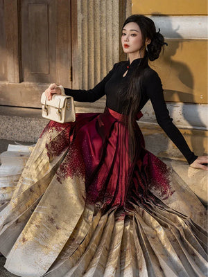 Lunar Spring River – Red Hanfu Maxi Skirt Set, New Chinese Style 6-Meter Hem Mamian Skirt with Knit Top & Wool Coat - Yandan_Hanfu