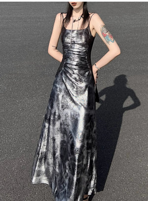 Glossy gray and silver new Chinese atmosphere Spice girl suspender dress Hot silver temperament long dress women - Yandan_Hanfu