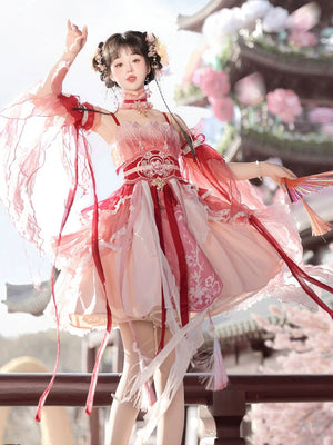 Red Hanfu Dress New Chinese Feather Rust Waist Seal Suspender Skirt with floral hair accessories and layered chiffon sleeves in traditional setting.