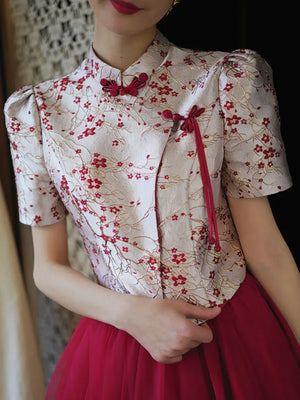 "Mei Xue Gauze Dress Set" Bridal Red Engagement Dress Cheongsam Xiuhe Dress - Yandan_Hanfu