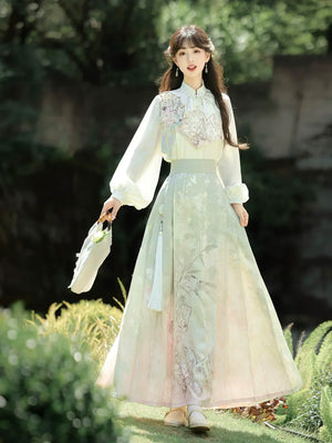 Beauty in the Painting – Autumn Hanfu-Inspired Ensemble | New Chinese Style Top & Dress Set - Yandan_Hanfu