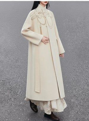 Lily Whisper – White Long Coat | Ivory Embroidered Warm High-Neck Outerwear for Everyday Elegance - Yandan_Hanfu