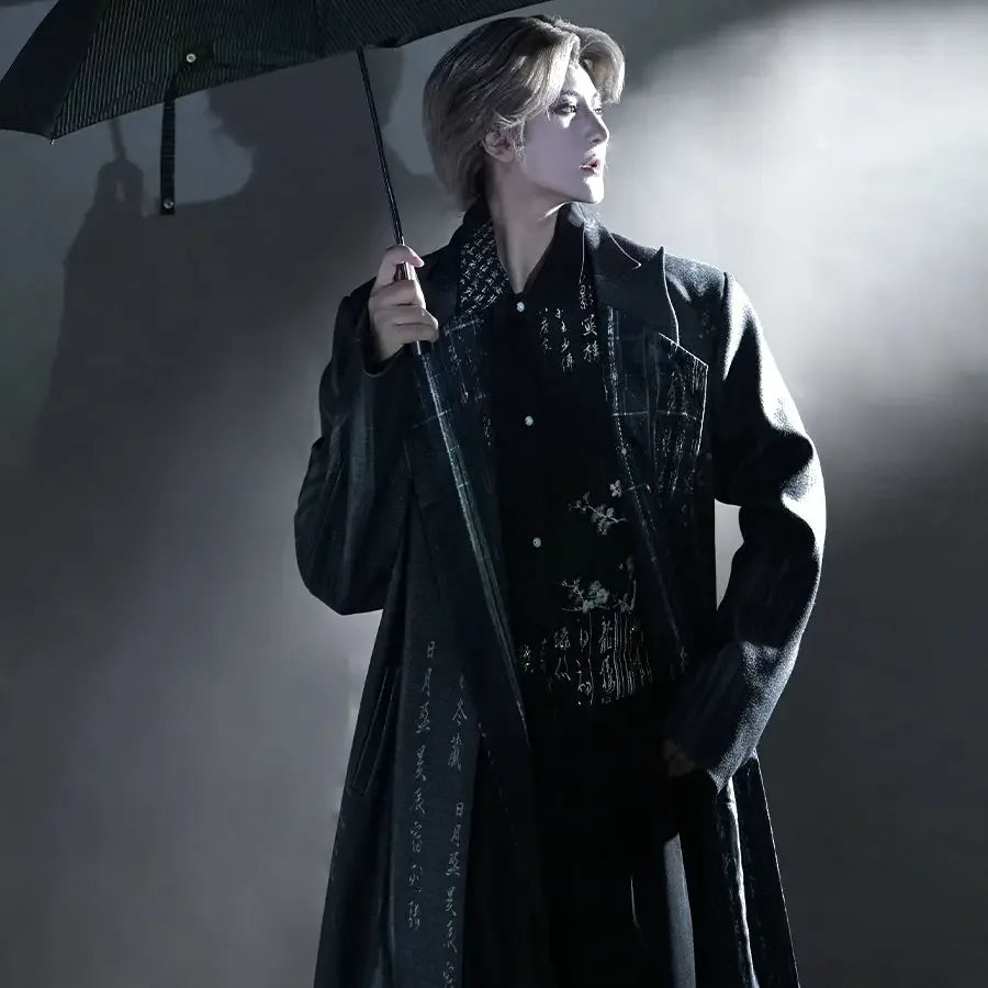 Ink Rhythm – Unisex Wool Coat Set in New Chinese Style | Calligraphy-Inspired Ink Wash Design - Yandan_Hanfu