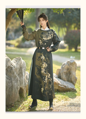 Golden Fish Over the Desert – Tang-Inspired Round Collar Hanfu Coat with Plush Fur Trim (Unisex Winter Set) - Yandan_Hanfu