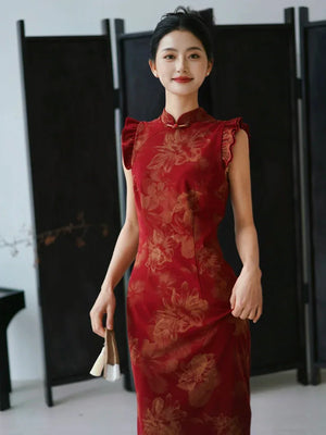 Lotus Step – Red Mermaid Qipao for Wedding, Engagement & Tea Ceremony - Yandan_Hanfu