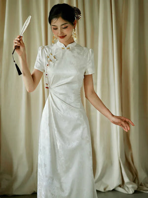 "Kite Butterfly" White Jacquard Cheongsam Bridal Toast Dress Engagement Dress - Yandan_Hanfu