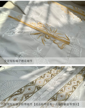 【Radiance of the Dragon】 White Hanfu Ensemble with Cross-Collar, Clouded Shoulders & Embroidered Seal men Unisex - Yandan_Hanfu