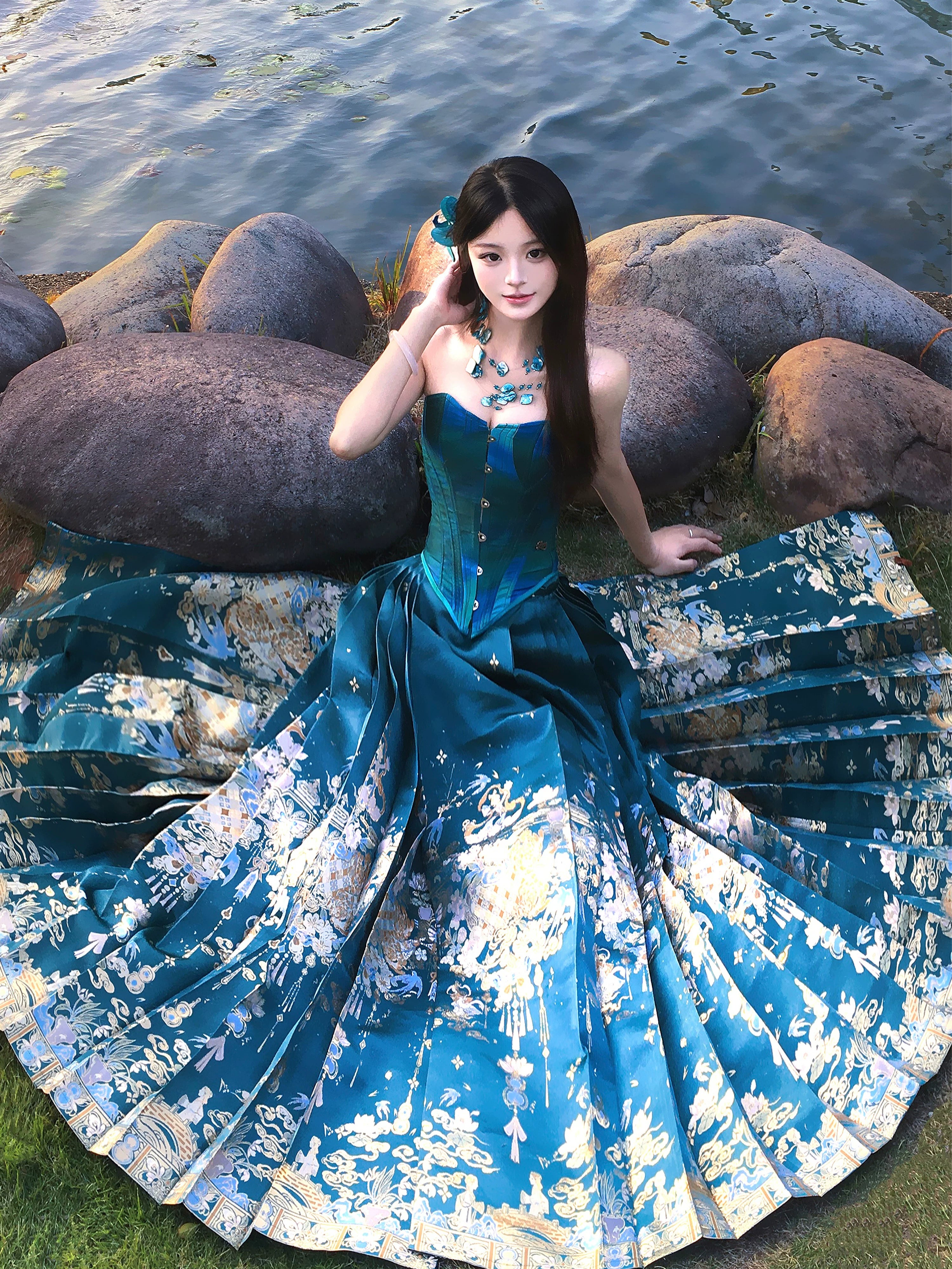 Movie Chang'an Horse Face Skirt | Finch Green Brocade Double Warp