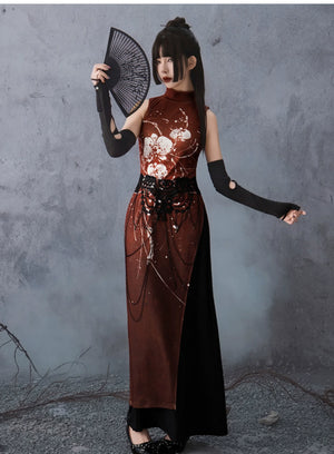 Scarlet Orchid – High-Slit Qipao Dress | Red Mandarin Collar New Chinese Style Slim Fit Gown - Yandan_Hanfu