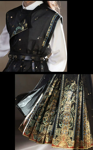 Unisex Hanfu Set – Inlaid Bronze-Inspired Brocade Horse-Face Skirt in Modern Chinese Style - Yandan_Hanfu