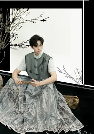Unisex Modern Grey Hanfu Set – Cross-Collar Jacket with Brocade Ma Mian Skirt - Yandan_Hanfu