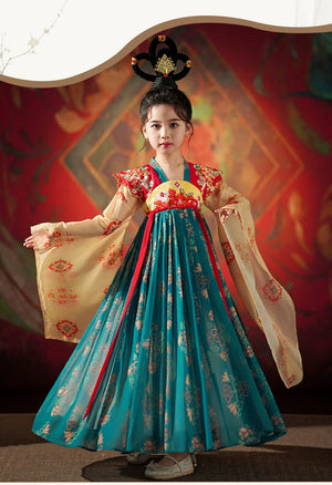 Front view of Girls Dunhuang Hanfu dress with red sash and floral motifs, ideal for traditional spring and autumn attire.