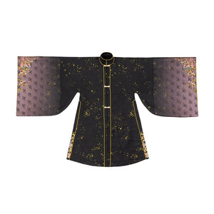 Black and rose gold Hanfu robe from 2025 graduation set with wide sleeves and gold trim, designed for traditional ceremonies.