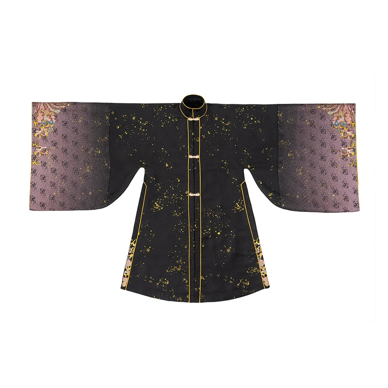 Black and rose gold Hanfu robe from 2025 graduation set with wide sleeves and gold trim, designed for traditional ceremonies.