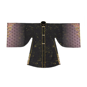 Black stand-collar Hanfu-style top with mauve patterned wide sleeves