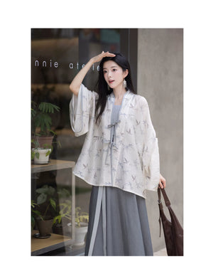 White Dew: Bamboo Shadows & Swallow Whispers – Jin-Style Hanfu Set | Tencel Pleated Robe with Rayon Camisole and Flowing Skirt - Yandan_Hanfu
