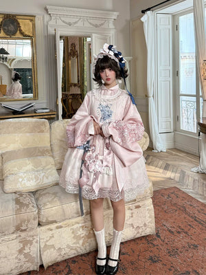 East-Meets-West Pink Two-Piece Set | Romance Embroidered Hanfu Blouse & Over Skirt - Yandan_Hanfu