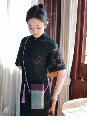 Floral Motif Bag | Color-Block Canvas Crossbody with Beaded Strap - Yandan_Hanfu