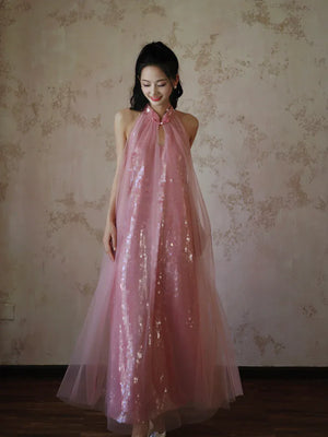 "Bella" pink sequined gauze halter dress bride - Yandan_Hanfu