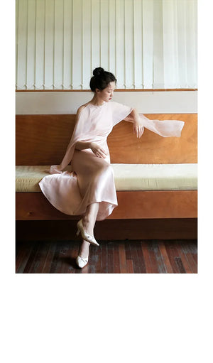 100% Acetate Mulberry Silk Modern Chinese Dress – Versatile Shawl Design, Off-Shoulder Summer Evening Gown - Yandan_Hanfu