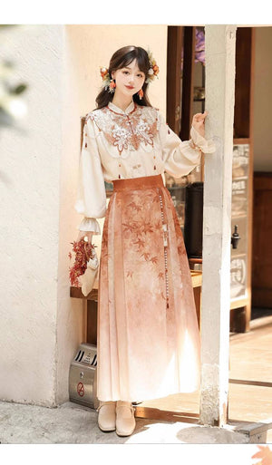 Elegant spring Hanfu set with detailed embroidery and maple leaf motif, ideal for daily wear and cultural events.