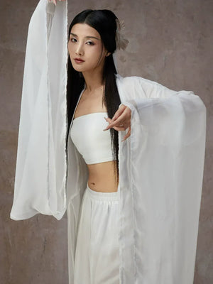 Graceful White Wide-Sleeve Chiffon Hanfu – Classical & Jazz Fusion Dance Dress - Yandan_Hanfu