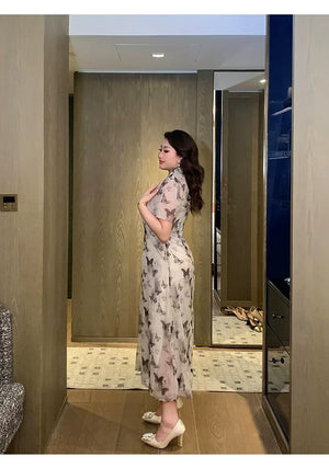 Ink-Butterfly Qipao – Elegant New Chinese Dress with Vintage Charm - Yandan_Hanfu