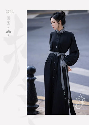 New Chinese style | Everyday stand-up collar dress shirt long skirt - Yandan_Hanfu