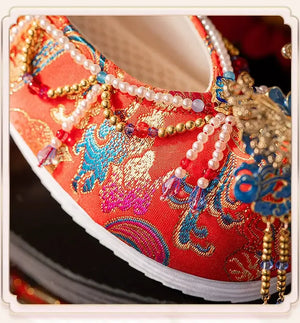 Sankeng Xiuhe Wedding Shoes Women's Customized Tassel Luxury Chinese Wedding Hanfu Shoes Wedding Flat Bow Shoes - Yandan_Hanfu