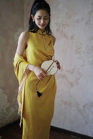"Autumn Rhyme" Yellow Dark Pattern Cheongsam Shawl Bridal Wedding Dress Toast Dress - Yandan_Hanfu
