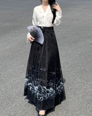 Explore modern elegance with our Black & White Shirt Women's Horse Face Skirt Suit. This ensemble blends traditional Hanfu design with contemporary flair, featuring intricate embroidery and authentic details. Embrace the timeless beauty of Hanfu fashion and make a statement with your unique style.