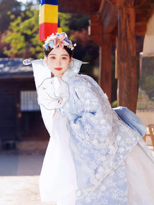White&Blue Hanbok Palace Style Dress – Luxury Korean Bridal & Photography Outfit for Autumn/Winter - Yandan_Hanfu