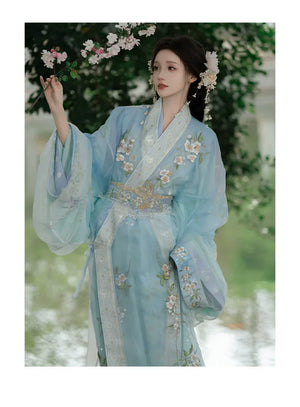 Blue Pear Blossom Moonlight – Traditional Hanfu Robe with Embroidered Jacquard Train - Yandan_Hanfu