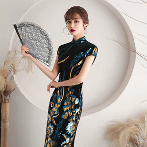 Floral pattern, long jacquard silk-satin cheongsam - Yandan_Hanfu