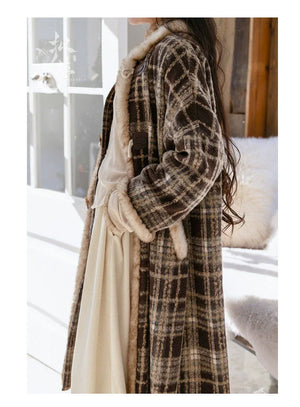 Amber Grace – Modern Hanfu Women's Autumn/Winter Set | Ming-Style Round-Collar Wool Coat with Plaid Song-Inspired Pants - Yandan_Hanfu