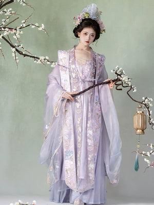 Full view of Purple Hanfu women's Song Dynasty embroidered big-sleeved shirt with floral motifs and flowing silhouette.