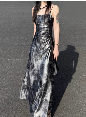 Glossy gray and silver new Chinese atmosphere Spice girl suspender dress Hot silver temperament long dress women - Yandan_Hanfu
