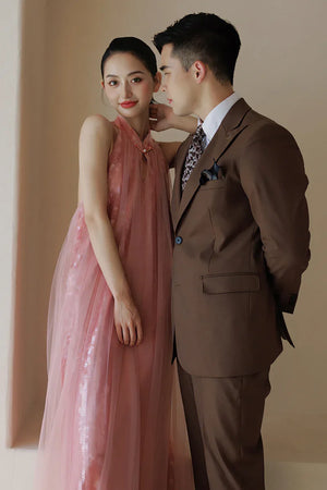 "Bella" pink sequined gauze halter dress bride - Yandan_Hanfu