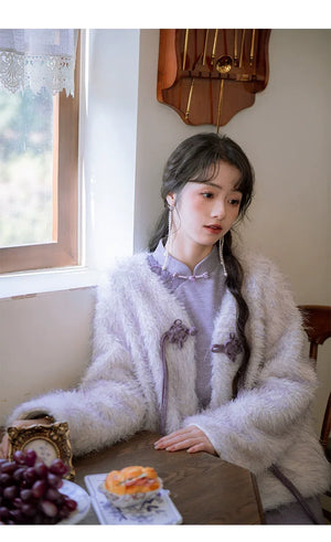 ''Falling Grace" Lace Qipao Cheongsam Dress & Faux Fur Jacket – Winter Collection - Yandan_Hanfu
