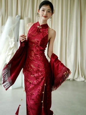 "Jubilee Bell" Red Cheongsam Shawl Bridal Toast Engagement Dress - Yandan_Hanfu