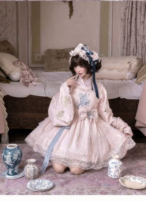 East-Meets-West Pink Two-Piece Set | Romance Embroidered Hanfu Blouse & Over Skirt - Yandan_Hanfu