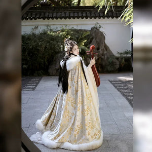 Gold Winter Fur Cape – Hanfu Cloak for Women | Thick, Warm & Elegant Festive Outerwear - Yandan_Hanfu